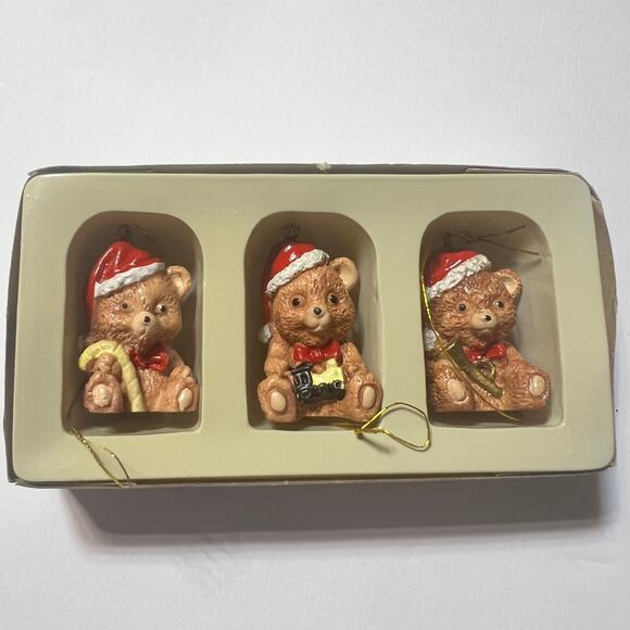 Vintage Barely Bears Christmas Ornaments Set of 3 Hand Painted Taiwan Boxed - Picture 2 of 16